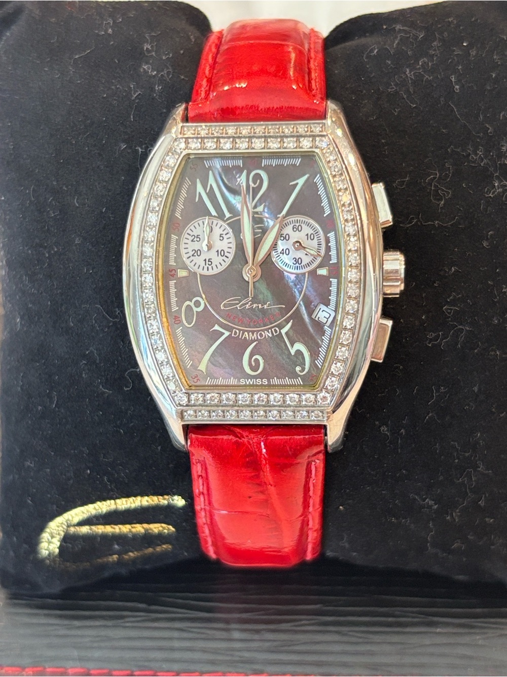 Vintage Elini New Yorker Diamond Swiss Watch Red Band MOP Chronograph DD-615